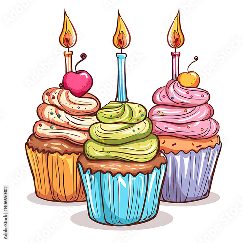 Cupcake Delights: A trio of vibrantly decorated cupcakes, each adorned with a lit candle and a sweet cherry, presented in a charming and inviting illustration.