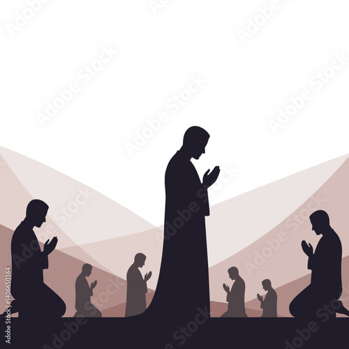Silhouetted figures praying in a serene landscape  