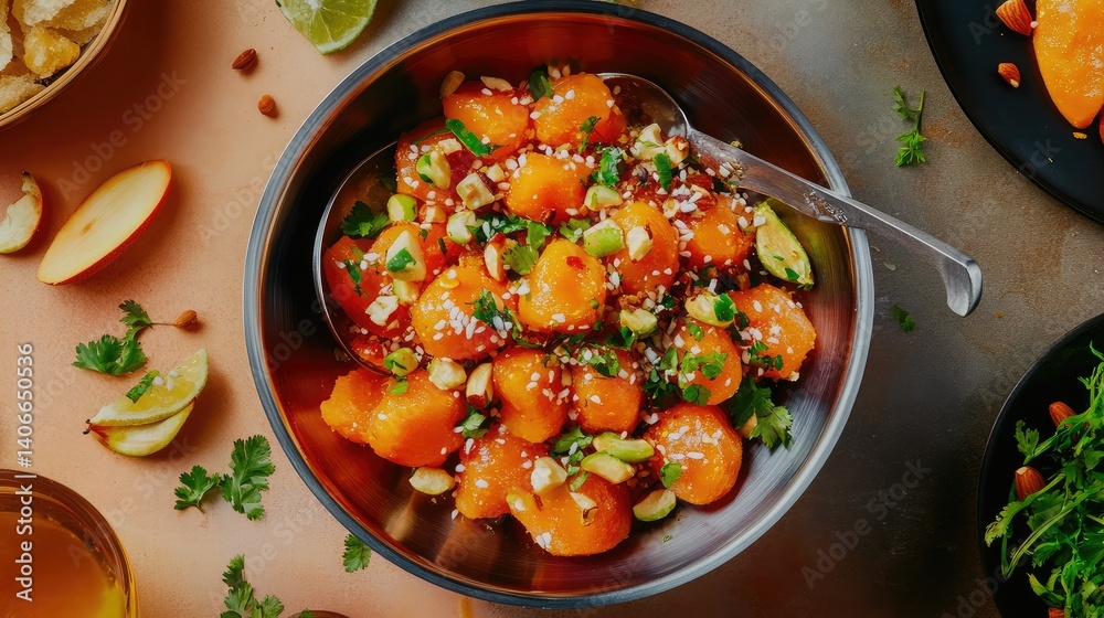 Sweet laddus with hints of saffron and nuts inside a silver bowl placed on peach flat-lay setup Sweet laddus with hints of saffron and nuts inside a silver bowl placed on peach flat-lay setup
