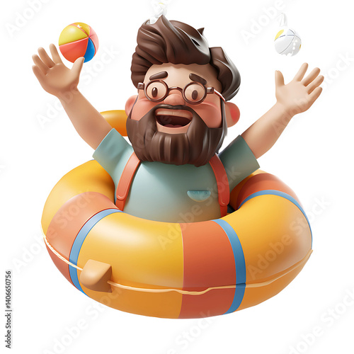 Joyful Summer: A man embracing the essence of summer with open arms, floating playfully on a vibrant inflatable ring, with a beach ball and floating in the air, embodying the spirit of fun, freedom.