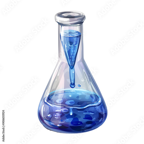 Laboratory Flask with Blue Liquid: A detailed illustration of a glass flask filled with vibrant blue liquid, featuring a unique internal droplet.