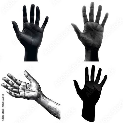 Hands Display: A collection of hand representations showcasing diverse perspectives and tones, from detailed grayscale to stark black silhouettes.