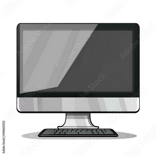 Computer Illustration: An illustration of a modern computer with a keyboard. The device sits on a blank white background, ready to be used for any digital graphic design.  