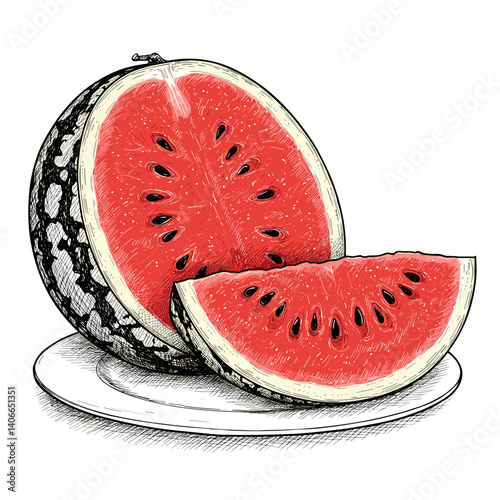 Watermelon slices on a plate in a detailed sketch style  