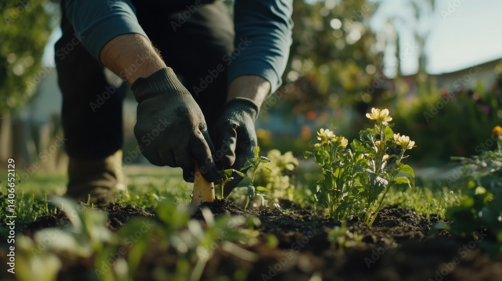 Landscaper planting flowers in a flowerbed near a residential home. Featuring landscaping work Landscaper planting flowers in a flowerbed near a residential home. Featuring landscaping work