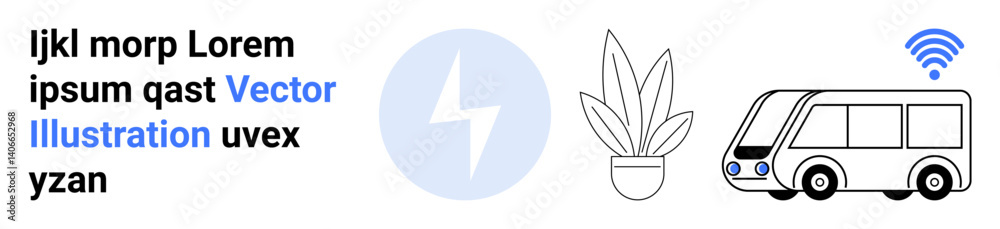Electric bus with wireless symbol, a lightning bolt for energy, and a potted plant. Ideal for technology, sustainability, transportation, clean energy, urban mobility, innovation flat landing page Electric bus with wireless symbol, a lightning bolt for energy, and a potted plant. Ideal for technology, sustainability, transportation, clean energy, urban mobility, innovation flat landing page