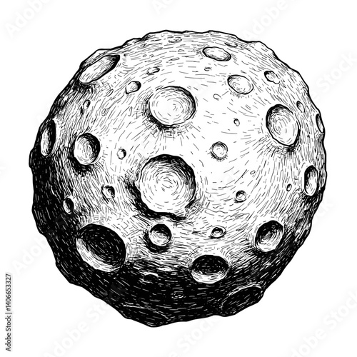 Detailed Illustration of an Asteroid in Black and White  
