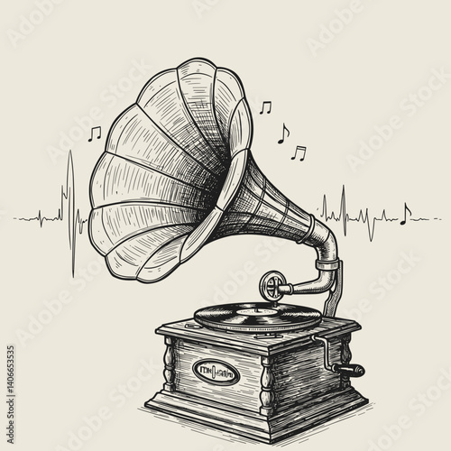 Vintage gramophone playing music with sound waves in the background  