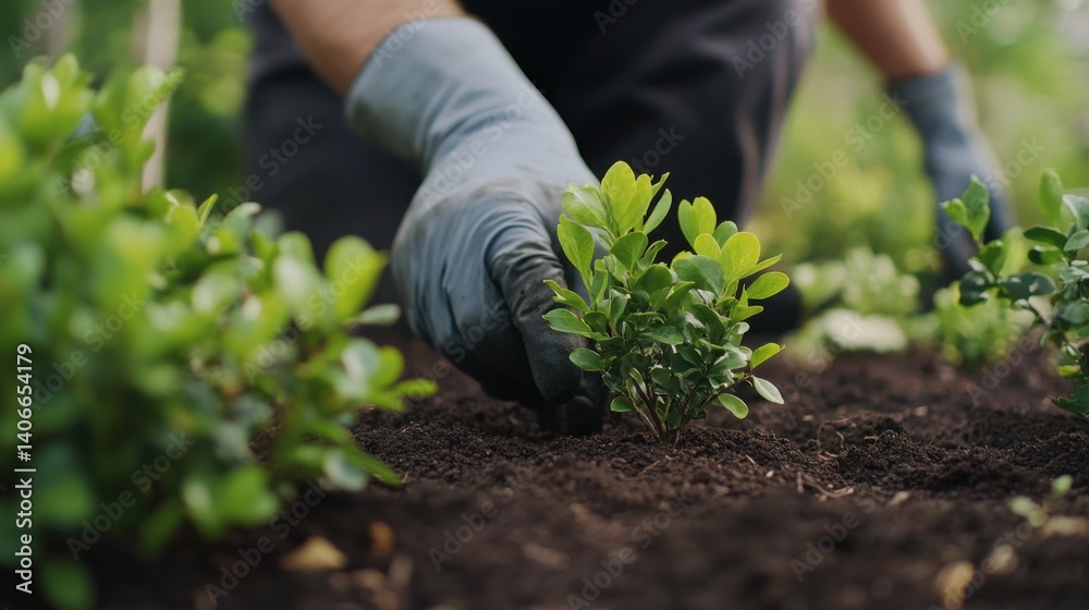 Fototapeta premium Landscaper planting shrubs in a residential garden. Featuring garden planting