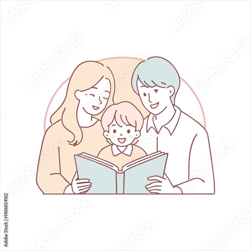 Family with little daughter reading book on sofa in living room vector design illustrations.