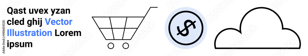 Shopping cart, dollar sign in circular badge, and cloud graphic. Ideal for e-commerce, finance, shopping, digital payment, data storage, online services and simple landing page Shopping cart, dollar sign in circular badge, and cloud graphic. Ideal for e-commerce, finance, shopping, digital payment, data storage, online services and simple landing page