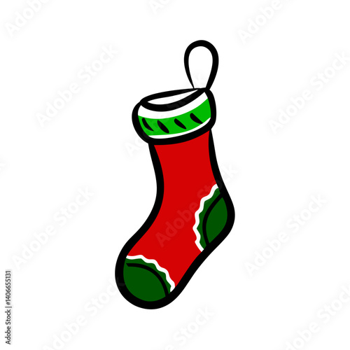 Red Christmas stocking with green accents, decorated for the festive holiday season