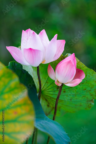 pink lotus flowers blooming beside lotus buds and green leaves in a natural pond