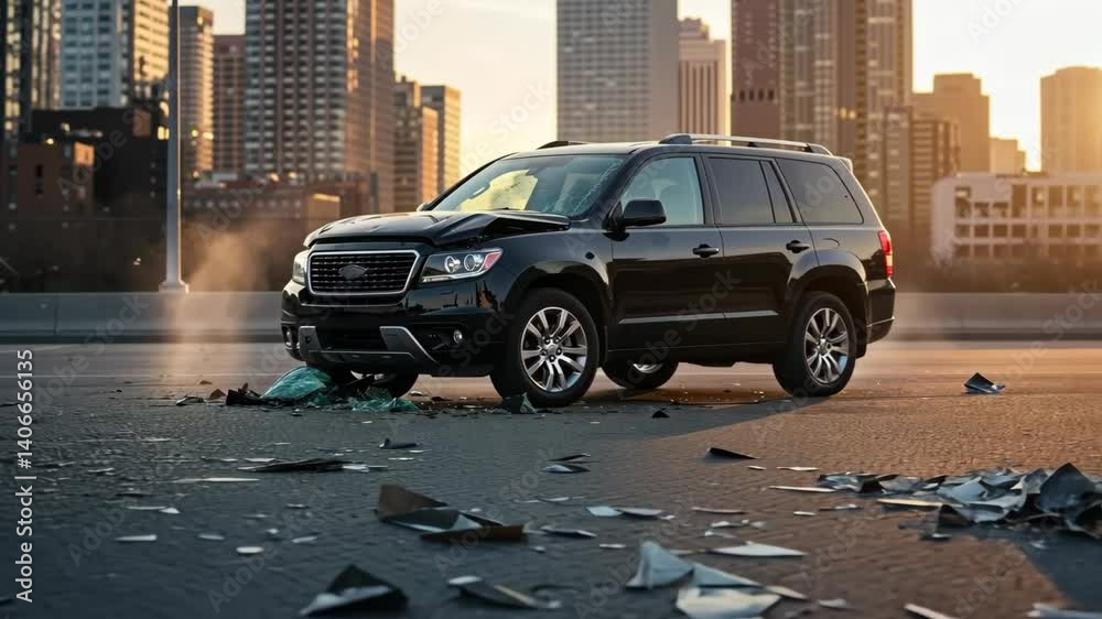Black suv with front end damage and shattered glass on road with city buildings background at sunset