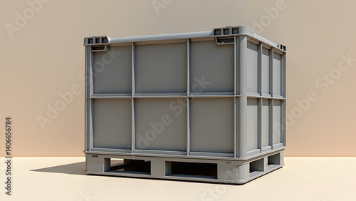 Industrial plastic bulk container on pallet in minimal studio with clean background lighting