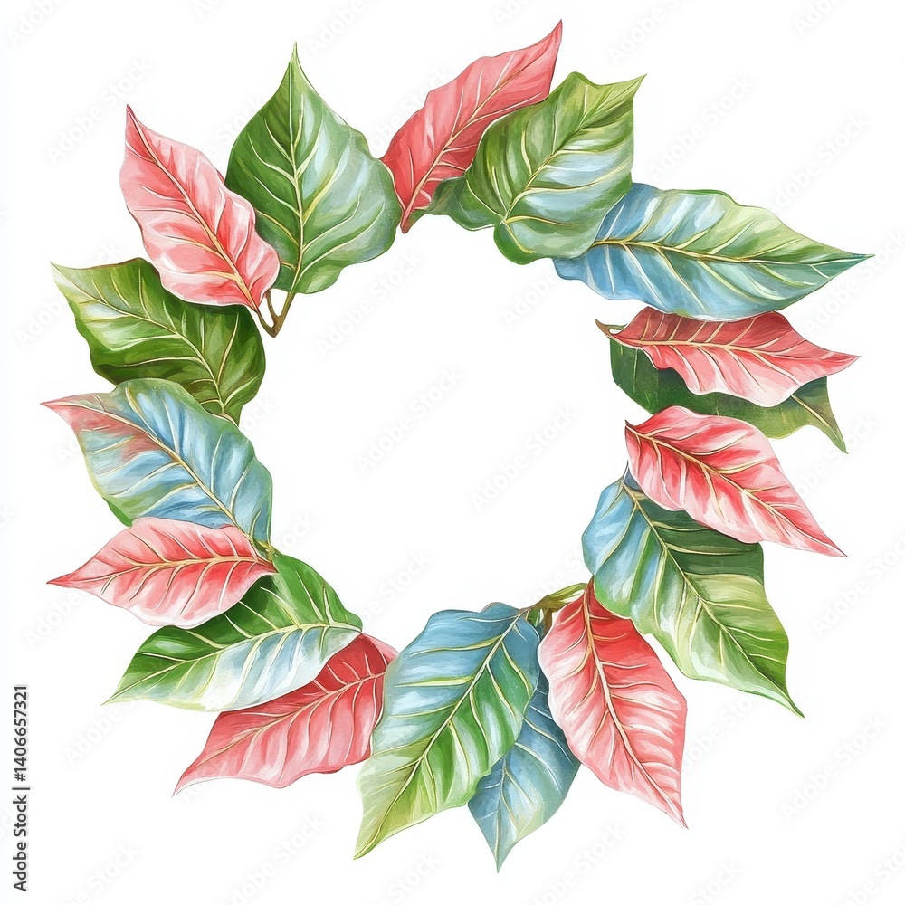 Obraz premium Circular Frame of Colorful Leaves in Vivid Green and Red Tones, Ideal for Nature-Themed Designs, Floral Invitations, or Creative Projects