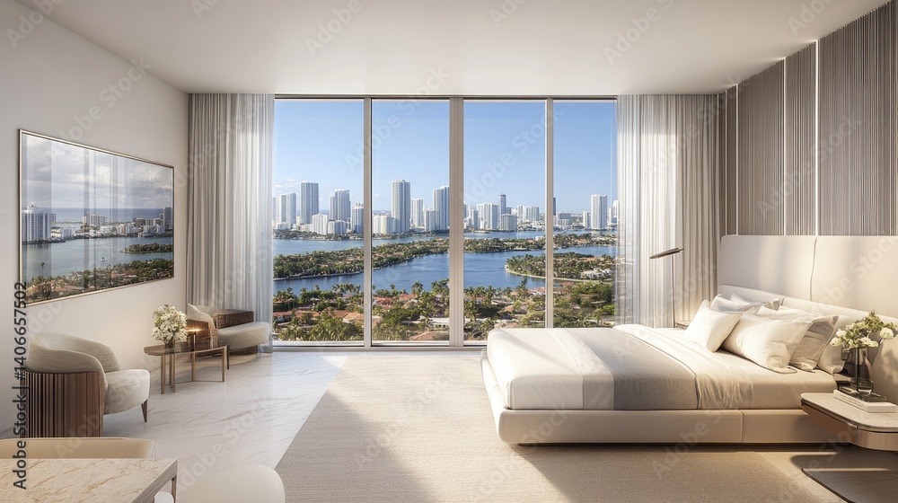 Fototapeta premium Luxurious penthouse bedroom with panoramic city views.
