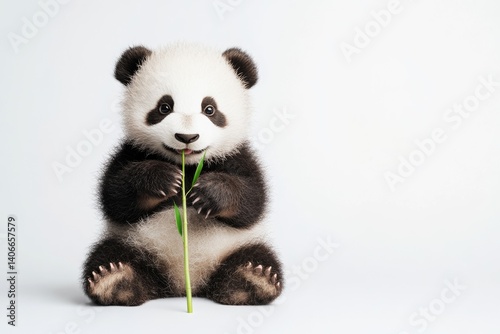 Adorable baby panda sitting and enjoying a fresh bamboo shoot.