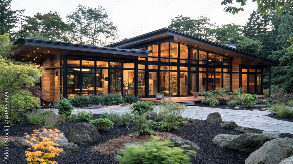 Sleek modern home exterior with large glass windows, wooden accents, and clean landscaping Sleek modern home exterior with large glass windows, wooden accents, and clean landscaping