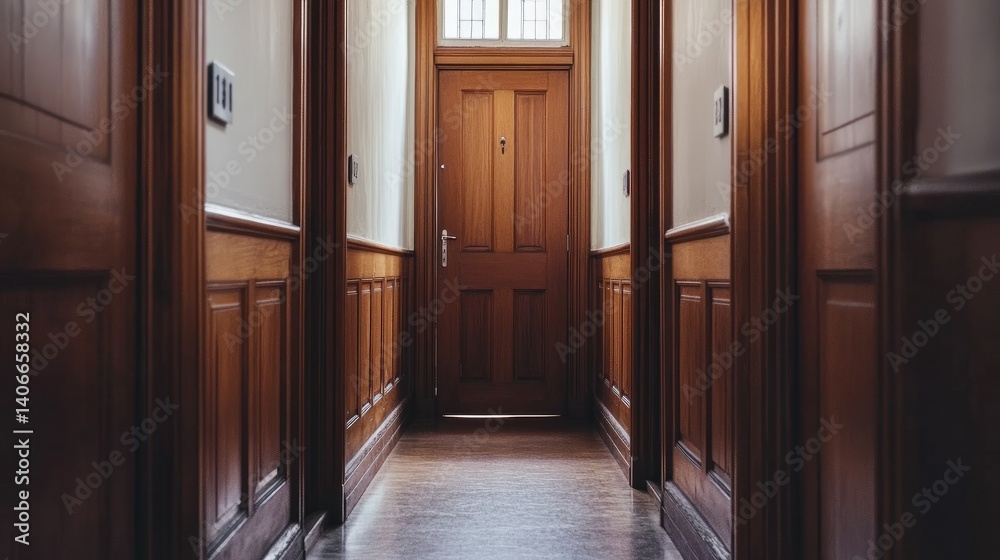 View of apartment door hallway in a modern building with numbered doors