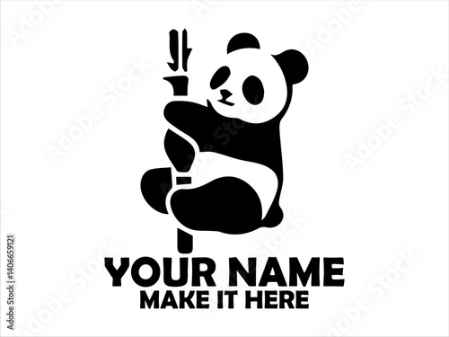 Charming black and white panda cub clinging to a bamboo stalk while playfully reaching for leaves. Cute panda illustration concept, vector panda logo design