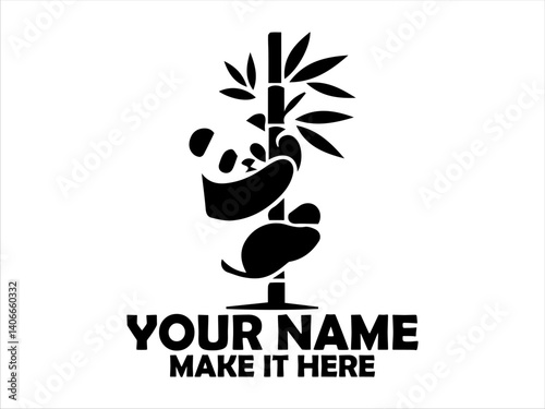 Charming black and white panda cub clinging to a bamboo stalk while playfully reaching for leaves. Cute panda illustration concept, vector panda logo design