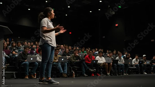 Engaging Speaker Delivering an Inspiring Presentation to a Captivated Audience in a Modern Lecture Hall