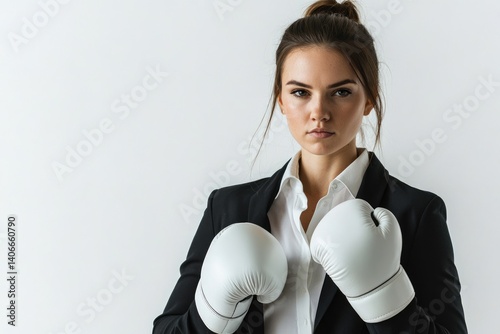 A businesswoman in a black suit and white boxing gloves, ready for a challenge.
