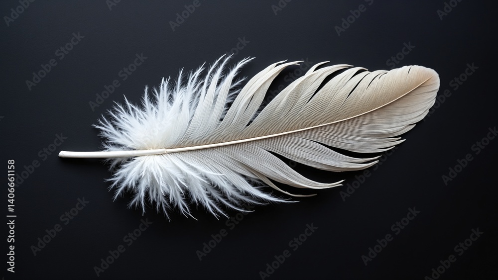 Delicate White Feather on Dark SrufaceSymbolizing Lightness and Serenity in Nature Delicate White Feather on Dark SrufaceSymbolizing Lightness and Serenity in Nature
