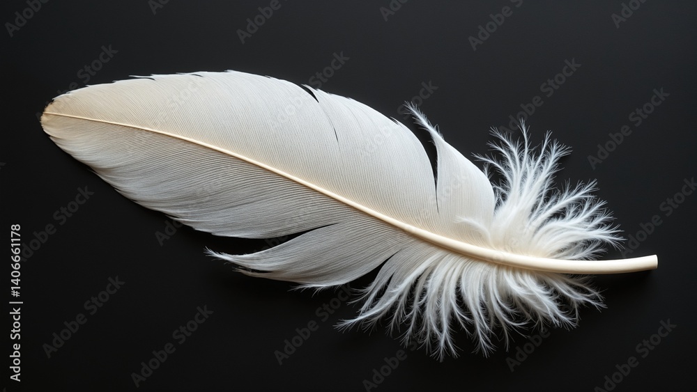 Delicate White Feather on Dark SrufaceSymbolizing Lightness and Serenity in Nature Delicate White Feather on Dark SrufaceSymbolizing Lightness and Serenity in Nature