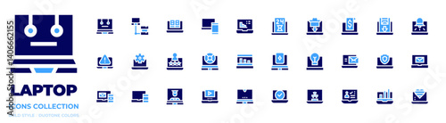 Laptop icon collection. Bold style. Duotone colors. chatbot, network, online book, laptop, spam, email, responsive, online education, video player
