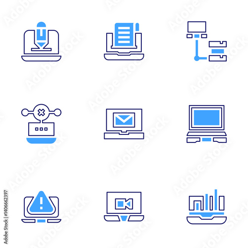 Laptop icon set. Bold line style. Duotone colors. Editable stroke. comment, laptop, network, email, spam, growth