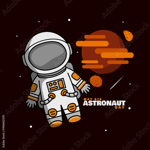 National Astronaut Day to celebrate on May 5th. Illustration of an astronaut floating in space accompanied by the planet Mars with its moons Phobos and Deimos. Science event banner.