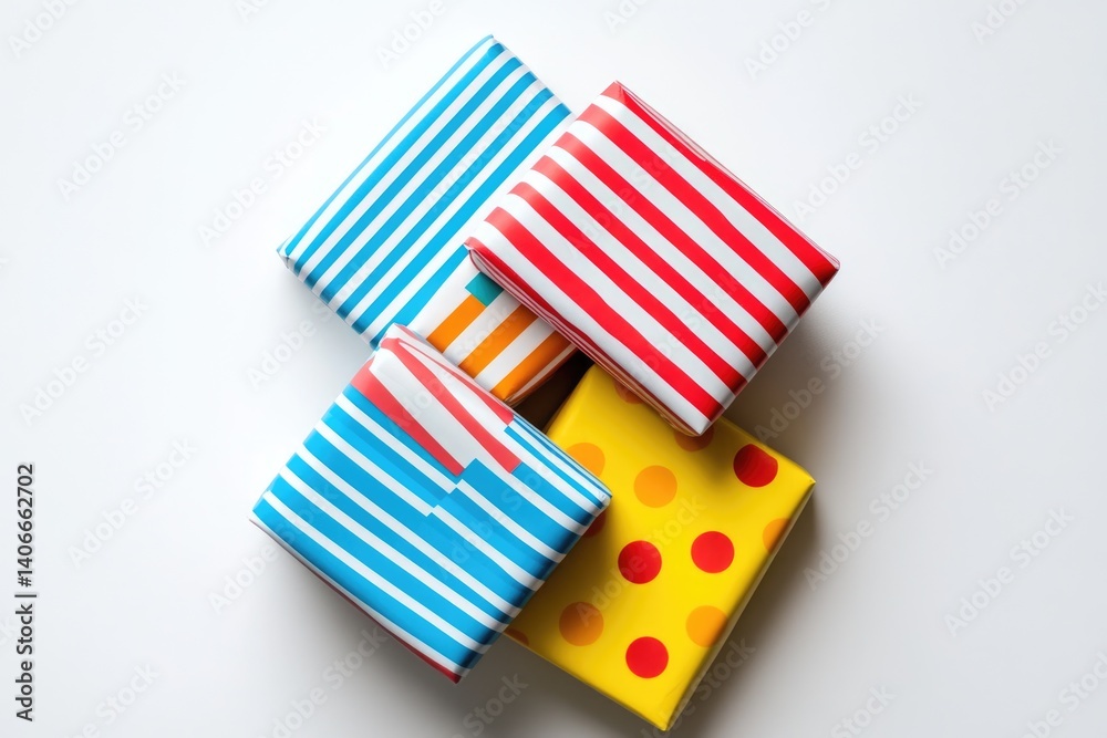 Four colorfully wrapped gifts arranged on a white background. Four colorfully wrapped gifts arranged on a white background.