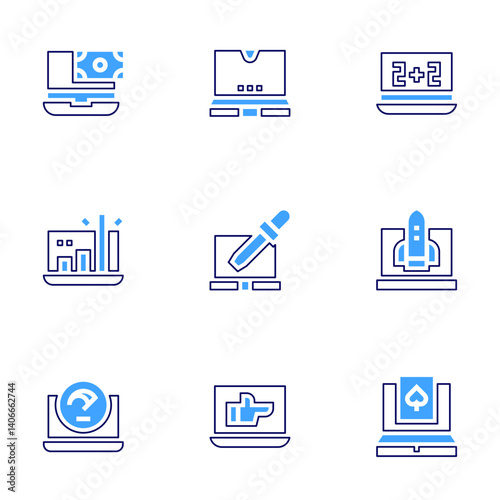 Laptop icon set. Bold line style. Duotone colors. Editable stroke. laptop, profit, startup, overload, rejected