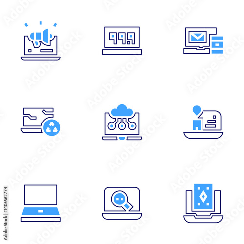 Laptop icon set. Bold line style. Duotone colors. Editable stroke. promotional, laptop, email, cloud computing, online casino