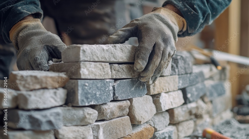 Mason constructing a stone fireplace in a new living room. Featuring masonry work and home construction Mason constructing a stone fireplace in a new living room. Featuring masonry work and home construction