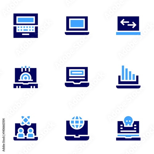 Laptop icon set. Bold style. Duotone colors. laptop, data transfer, online donation, reduction, virtual event, worldwide