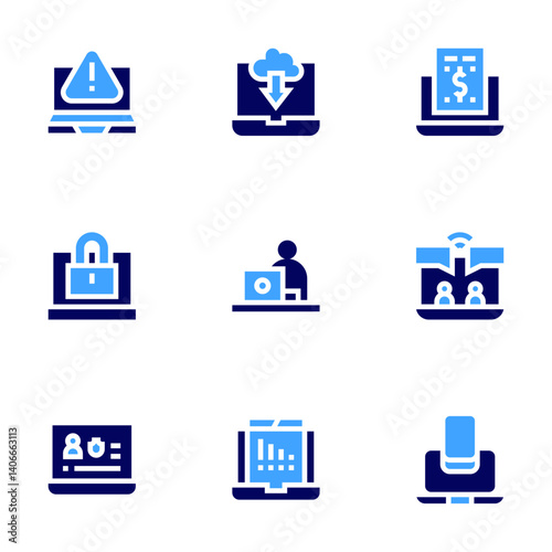 Laptop icon set. Bold style. Duotone colors. laptop, download, bailment, padlock, video conference, player, blog, compatibility