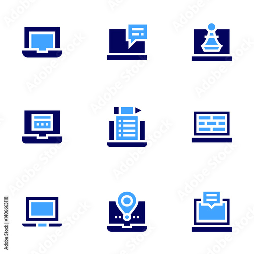 Laptop icon set. Bold style. Duotone colors. laptop, chess piece, online payment, firewall, computer