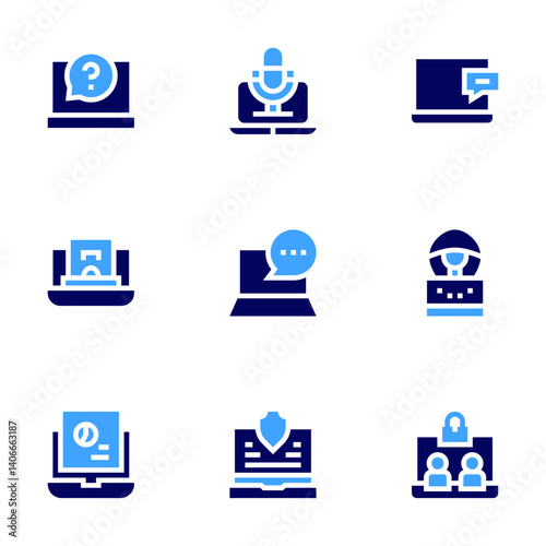Laptop icon set. Bold style. Duotone colors. question mark, podcast, laptop, online payment, chat, hacker, security, connection