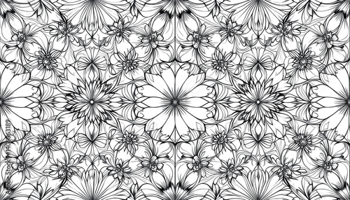Intricate Floral Pattern:  A mesmerizing abstract floral pattern, with detailed black line art on white, offers a harmonious and calming  design for backgrounds, textiles, or any creative project.  