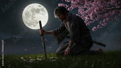 Samurai Warrior Kneeling with Sword Amidst Cherry Blossoms Under Full Moon at Night