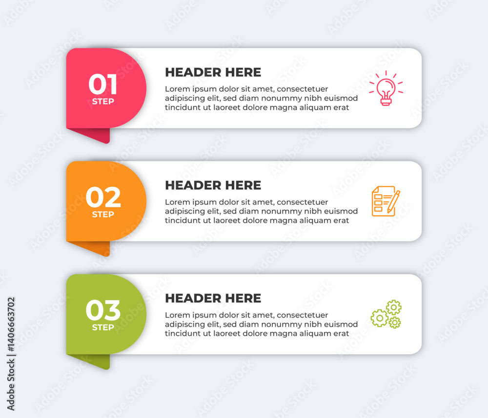 Three step infographic with lightbulb checklist and gear icons. Three step infographic with lightbulb checklist and gear icons.