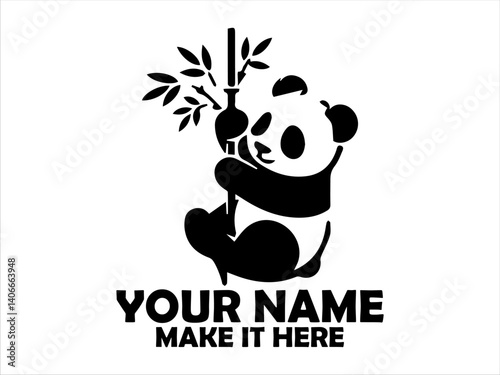Charming black and white panda cub clinging to a bamboo stalk while playfully reaching for leaves. Cute panda illustration concept, vector panda logo design