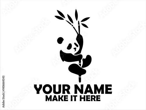 Charming black and white panda cub clinging to a bamboo stalk while playfully reaching for leaves. Cute panda illustration concept, vector panda logo design