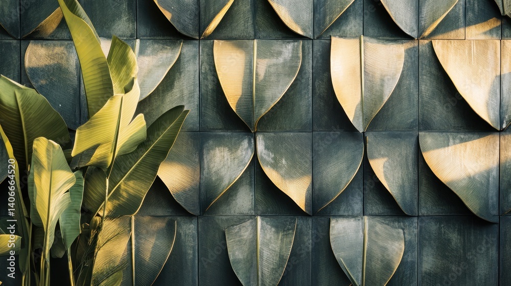 Geometric leaf-patterned wall creating a contemporary, chic design for a home interior.