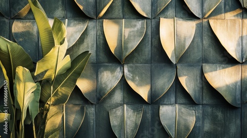Obraz na płótnie Geometric leaf-patterned wall creating a contemporary, chic design for a home interior. w salonie