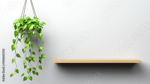 A hanging planter with a cascading house plant, such as ivy or pothos, draping over a modern wall-mounted shelf with minimalist decor.