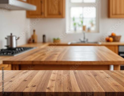 Wood table top on blurred kitchen background. can be used mock up for montage products display or design layout